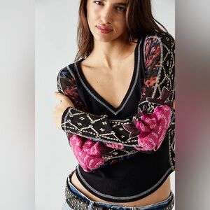 Free People Amara Floral Embroidered Long Sleeve Black Thermal V-Neck Top Size S